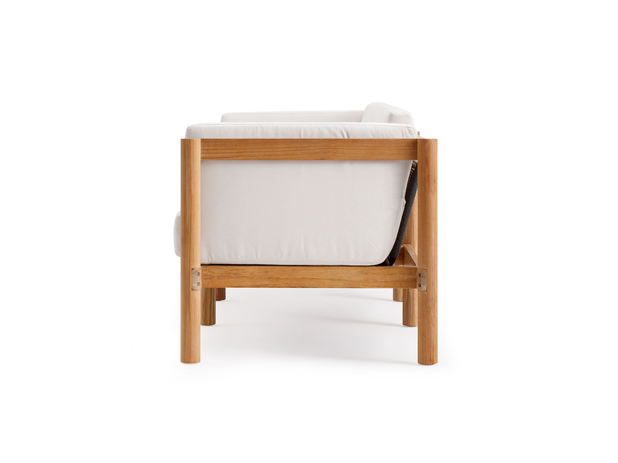 Side view of outdoor sofa with white arm cushions